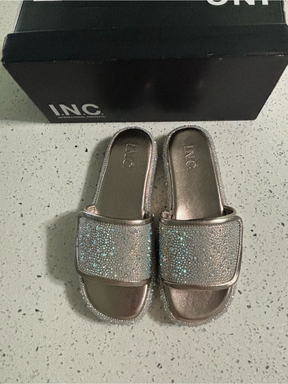 INC Glitter Slide Sandals in Metallic Rose Gold
